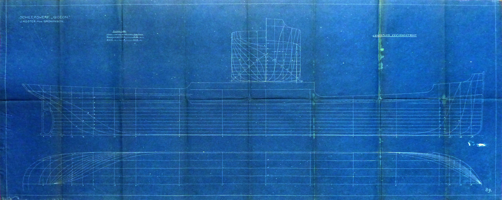 lijnenplan zeevrachtboot scheepswerf Gideon J Koster Hzn Groningen schaal 1:50